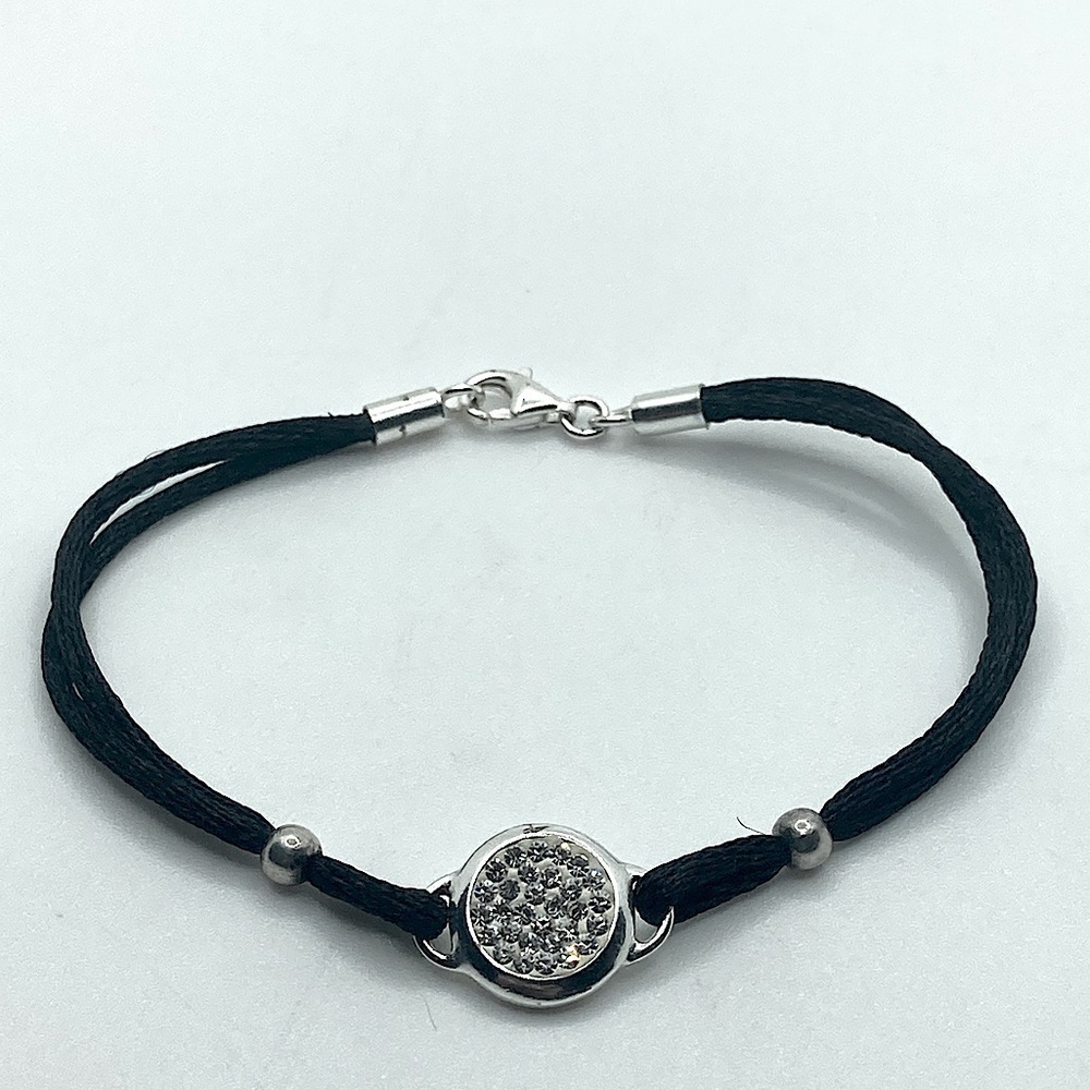 STERLING Silver & CZ Black Cord Bracelet 7” - Vintage